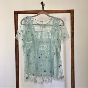 NWT Anthropologie Embroidered Flowy Mesh Blouse